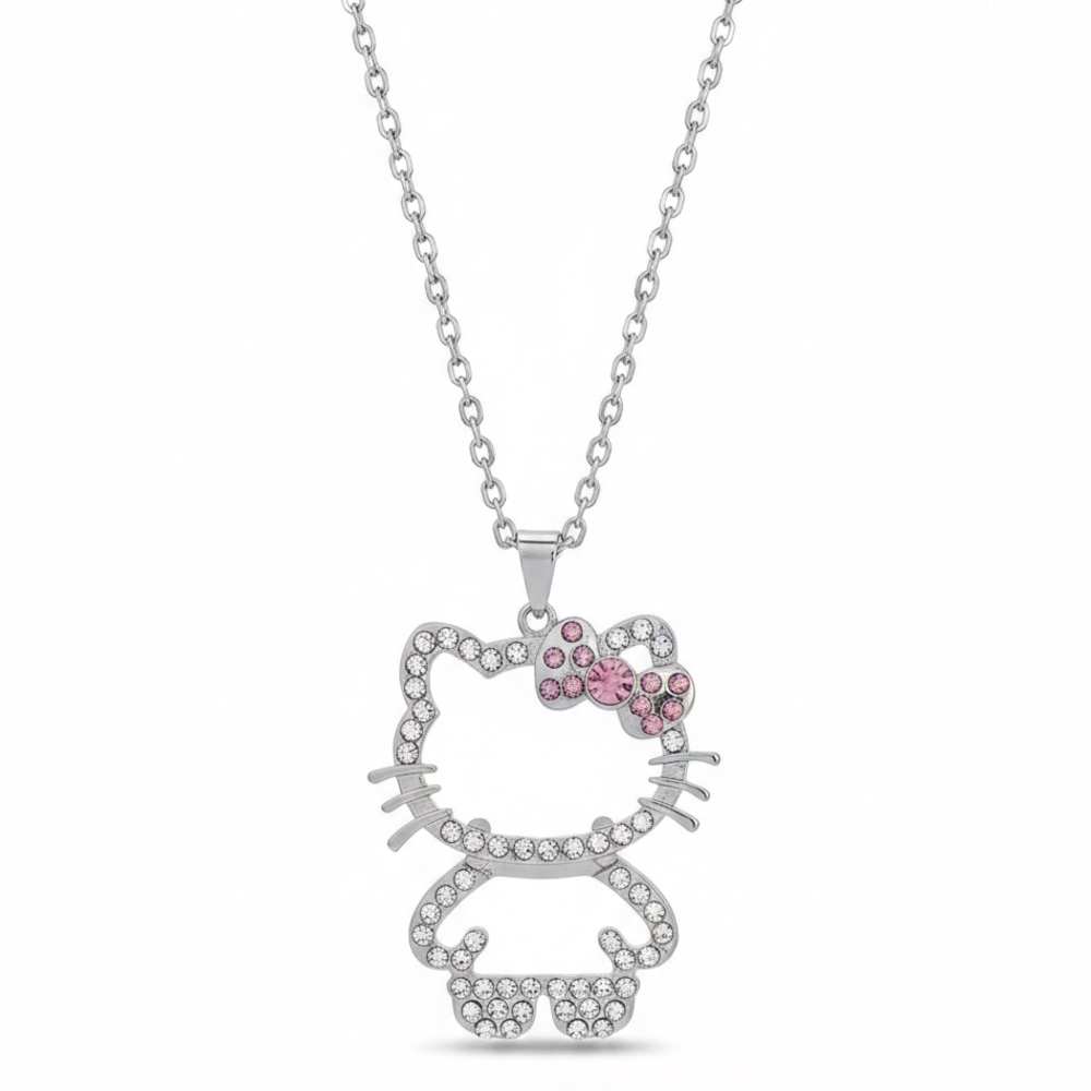 Sanrio Hello Kitty Rhinestone Outline Pendant Necklace Silver Tone Y2K Kawaii